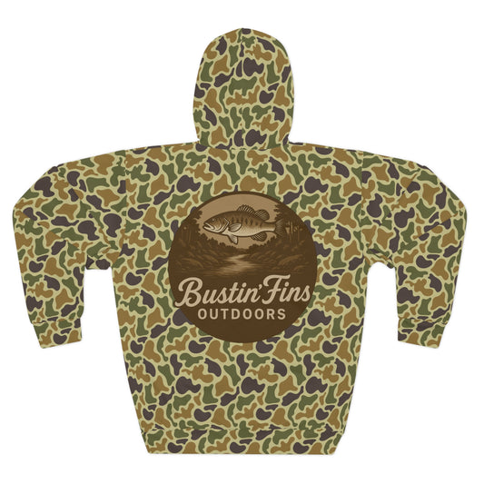 Camo Fishing Hoodie — "Bustin' Fins Outdoors" All-Over Print Pullover