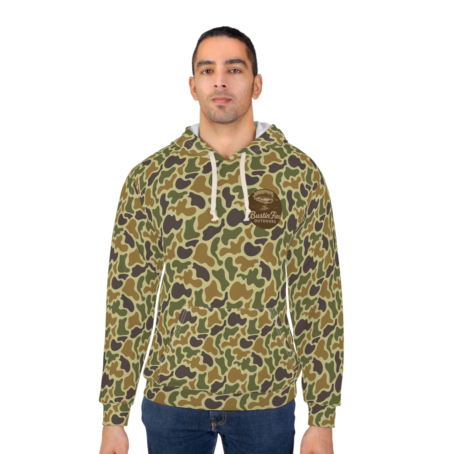 Camo Fishing Hoodie — "Bustin' Fins Outdoors" All-Over Print Pullover