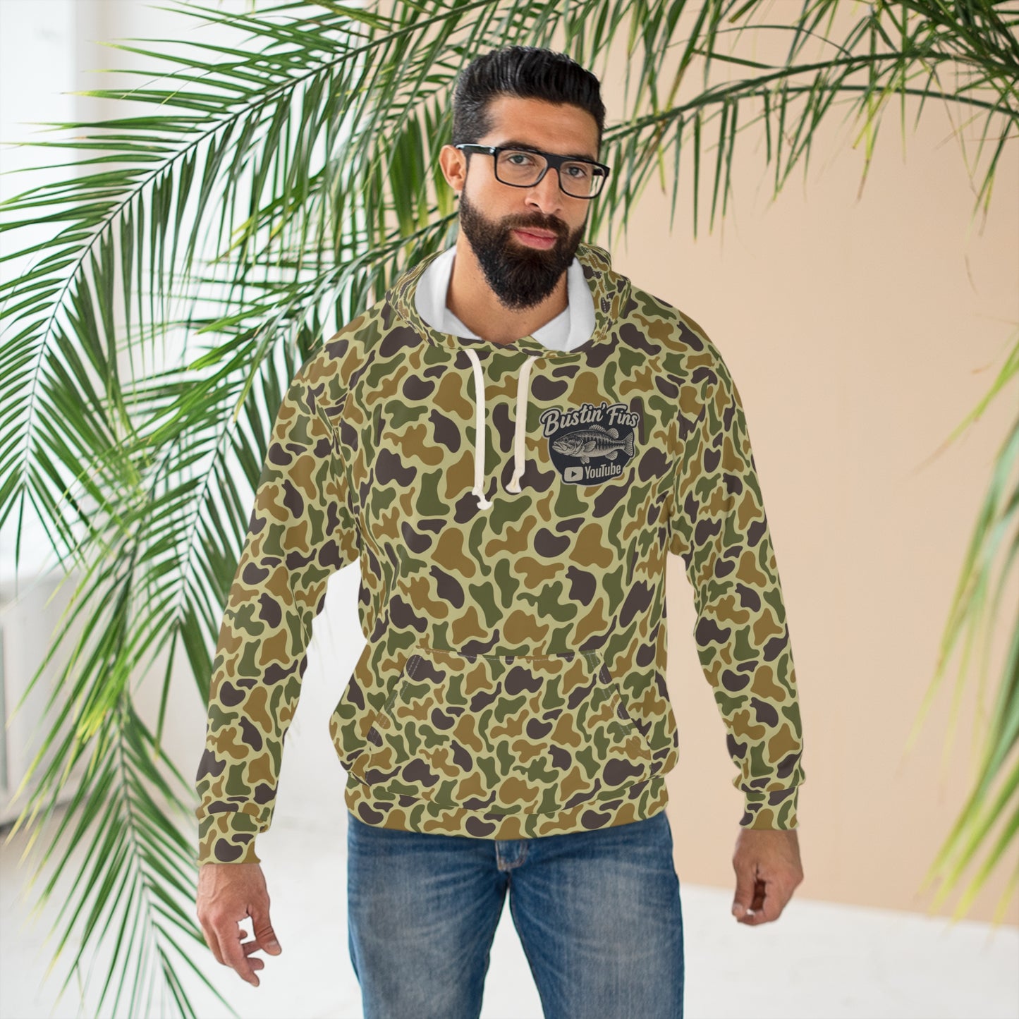 Bustin' Fins' Camo Fishing Hoodie – All-Over Print YouTube Crew