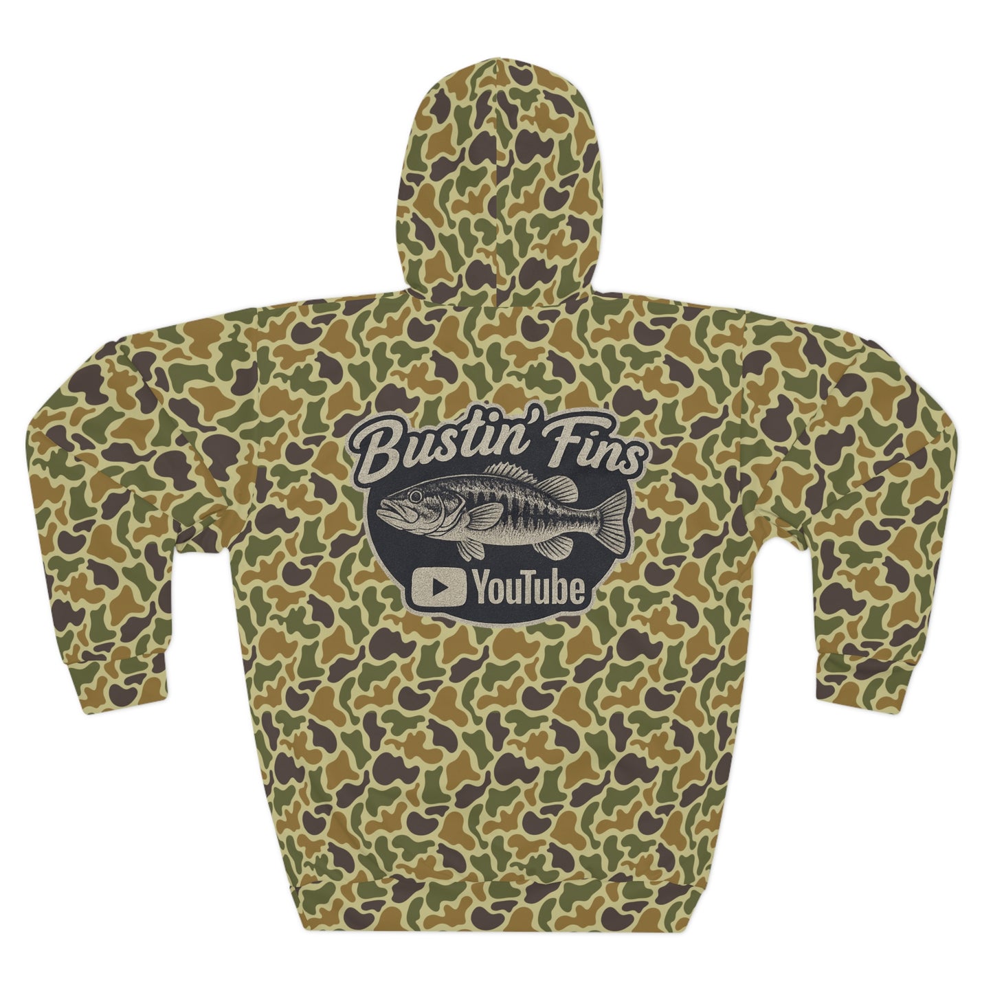 Bustin' Fins' Camo Fishing Hoodie – All-Over Print YouTube Crew