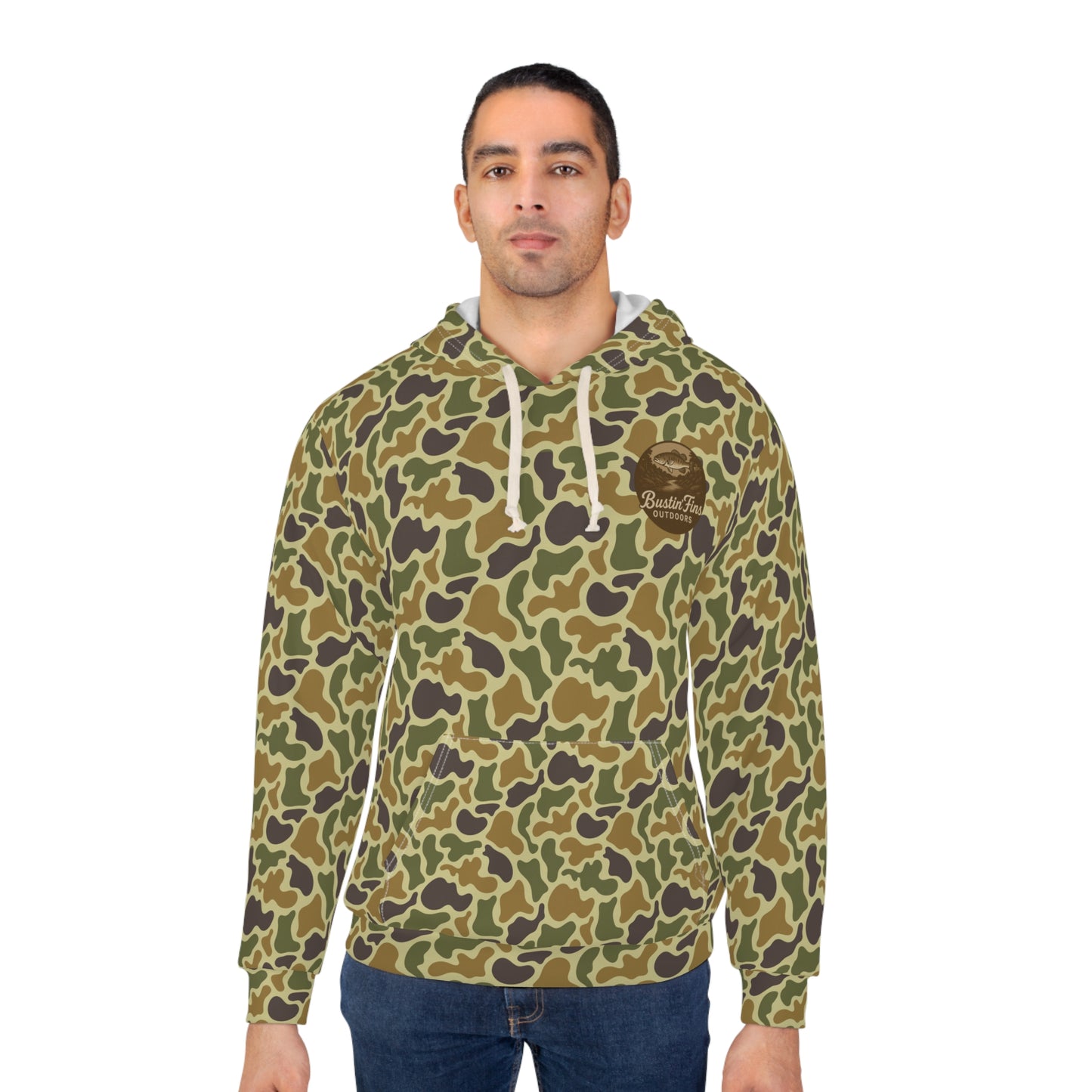 Camo Fishing Hoodie — "Bustin' Fins Outdoors" All-Over Print Pullover