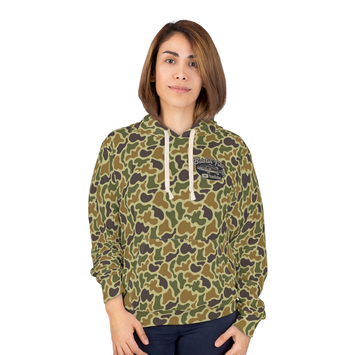 Bustin' Fins' Camo Fishing Hoodie – All-Over Print YouTube Crew
