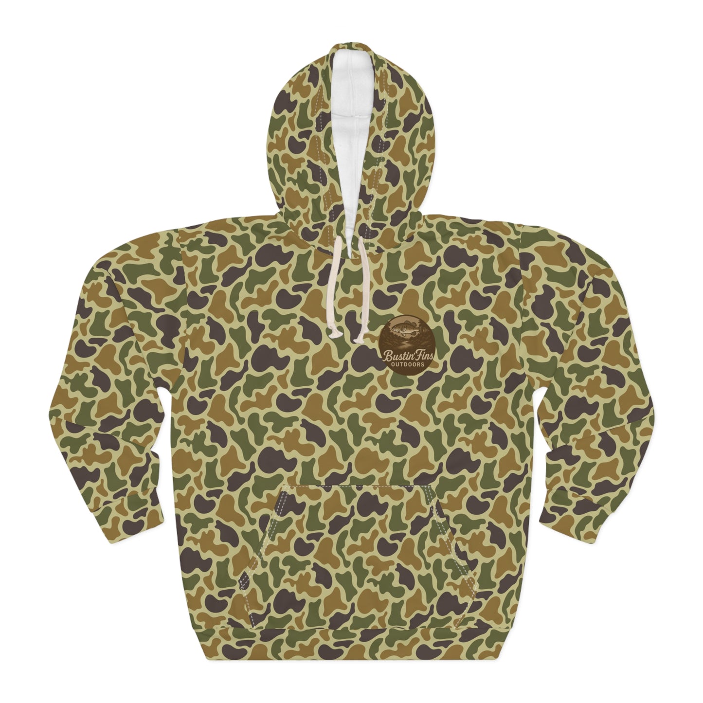 Camo Fishing Hoodie — "Bustin' Fins Outdoors" All-Over Print Pullover
