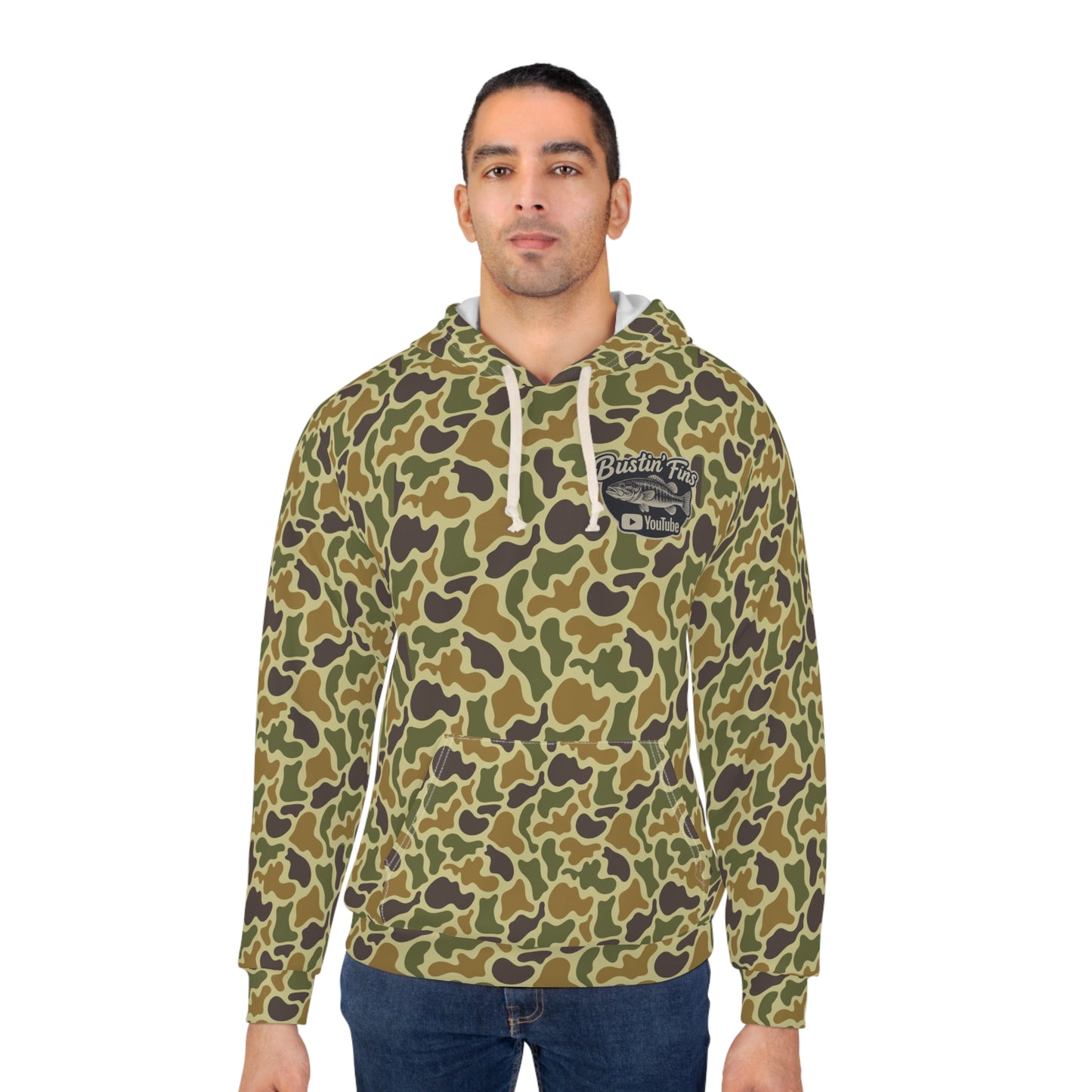 Bustin' Fins' Camo Fishing Hoodie – All-Over Print YouTube Crew