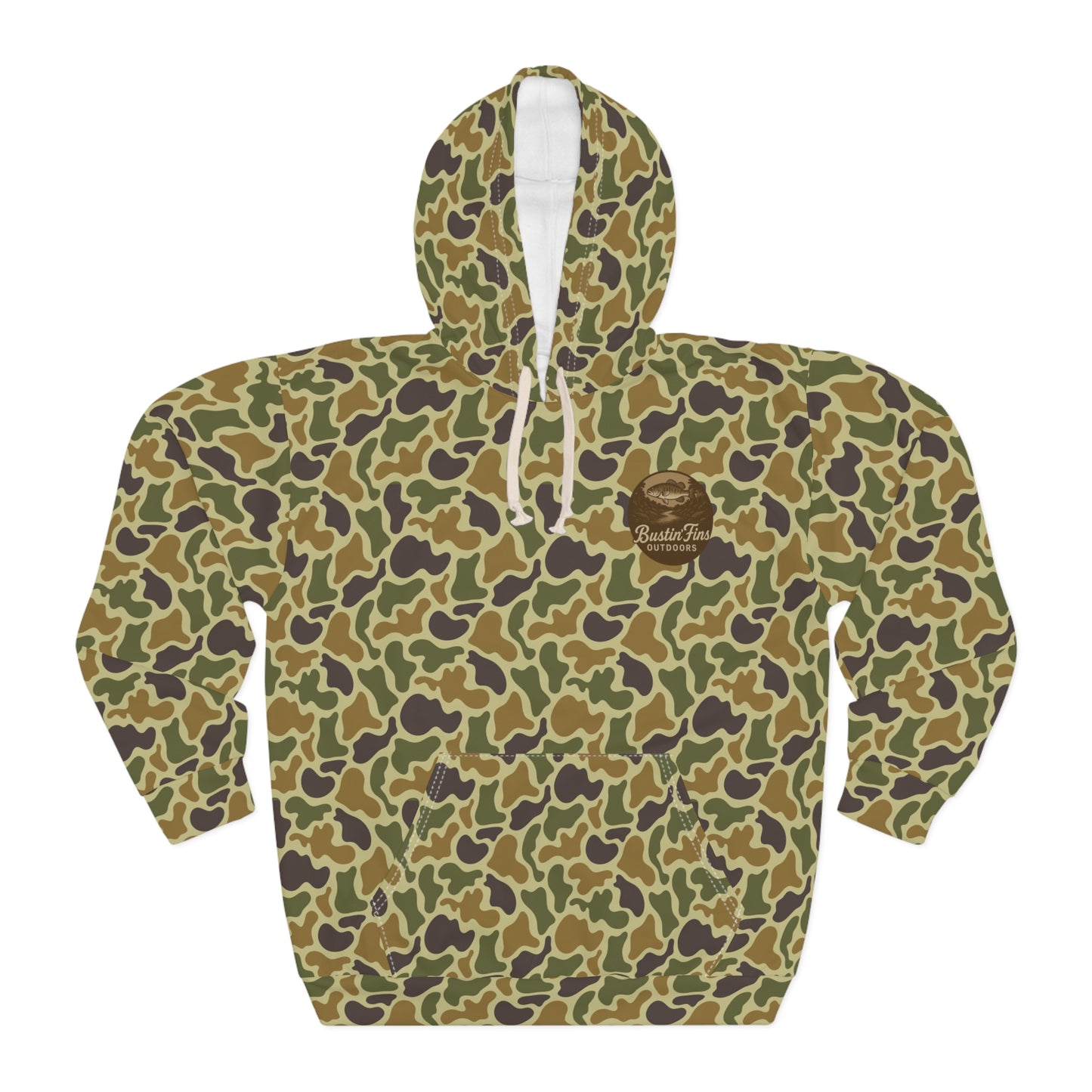 Camo Fishing Hoodie — "Bustin' Fins Outdoors" All-Over Print Pullover