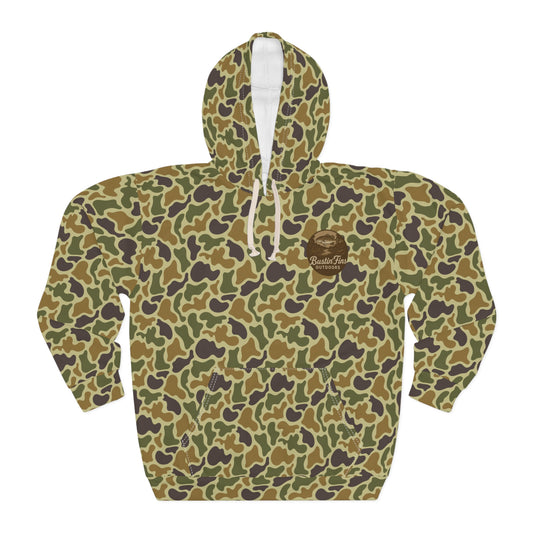 Camo Fishing Hoodie — "Bustin' Fins Outdoors" All-Over Print Pullover