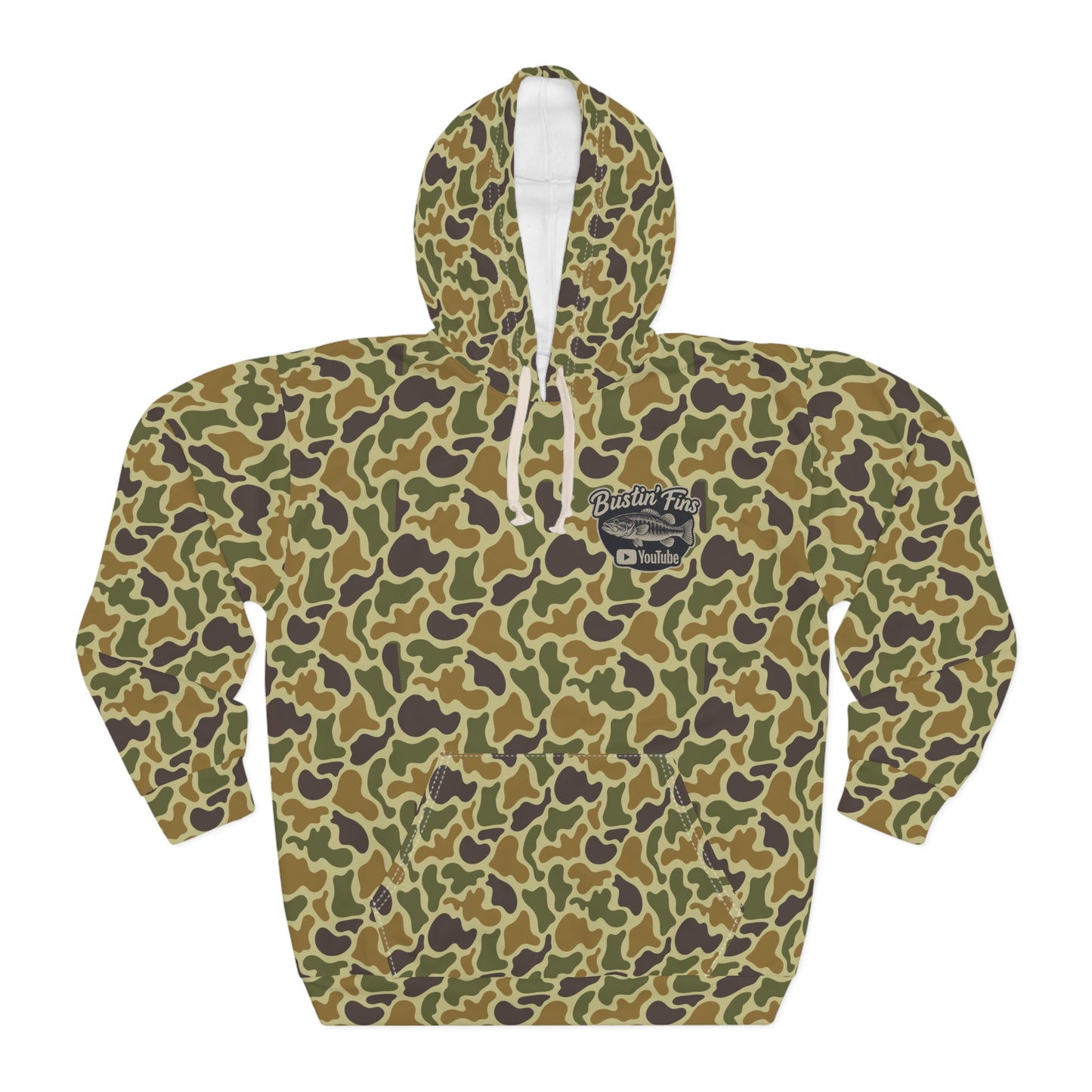 Bustin' Fins' Camo Fishing Hoodie – All-Over Print YouTube Crew