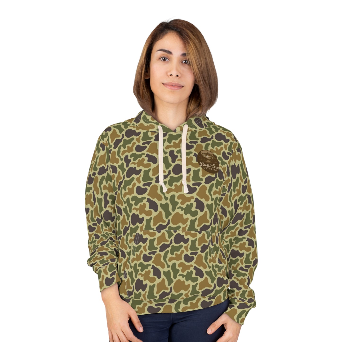 Camo Fishing Hoodie — "Bustin' Fins Outdoors" All-Over Print Pullover